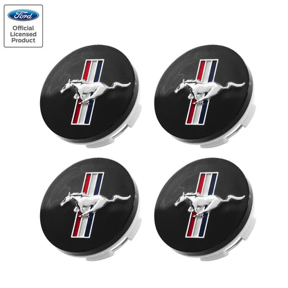 1994-2004 Ford Mustang 2.5" Tribar Running Horse Wheel Center Caps Black Set of 4