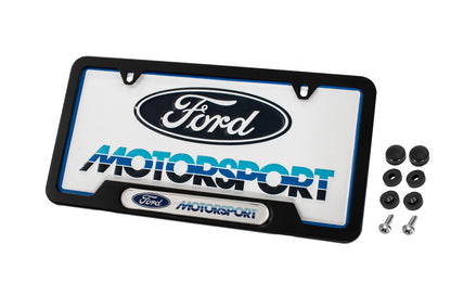 Ford Motorsport 1980s Tri-Color Logo License Plate & Black Stainless Steel Frame
