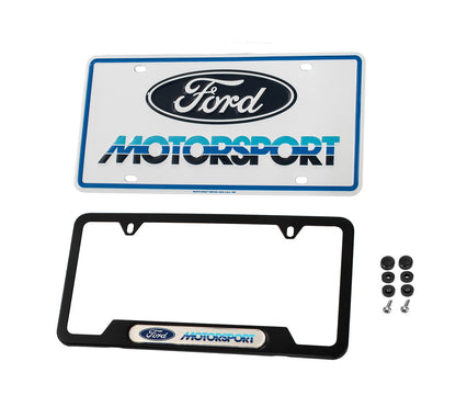Ford Motorsport 1980s Tri-Color Logo License Plate & Black Stainless Steel Frame