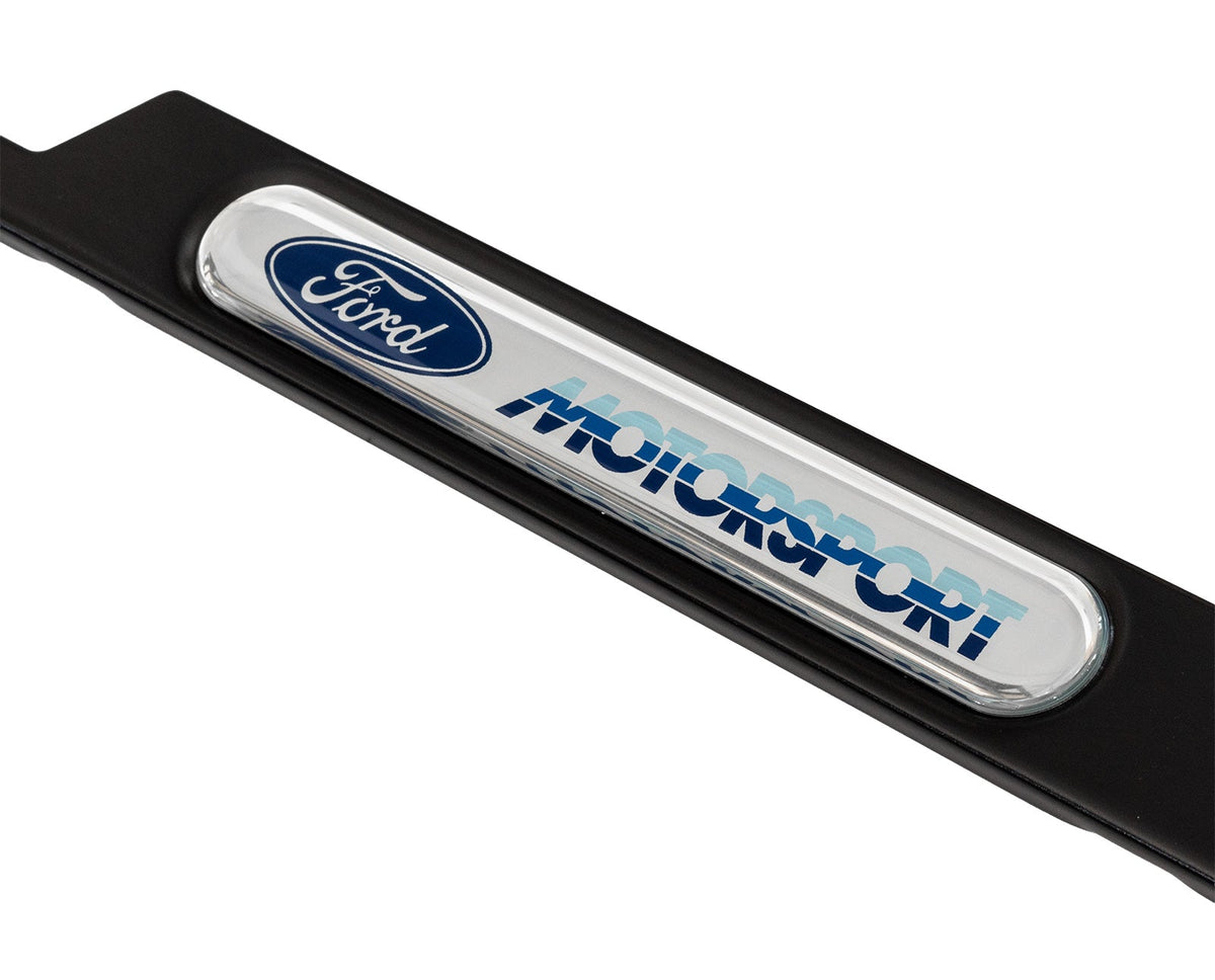 Ford Motorsport 1980s Tri-Color Logo License Plate & Black Stainless Steel Frame