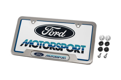 Ford Motorsport 1980s Tri-Color Logo License Plate & Polished Stainless Steel Frame