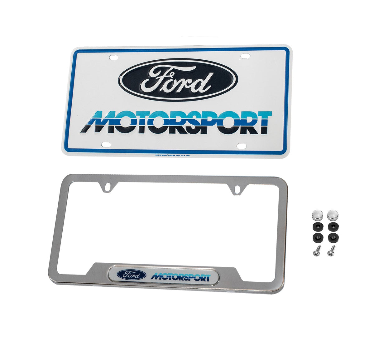 Ford Motorsport 1980s Tri-Color Logo License Plate & Polished Stainless Steel Frame
