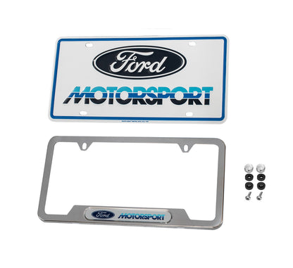 Ford Motorsport 1980s Tri-Color Logo License Plate & Polished Stainless Steel Frame