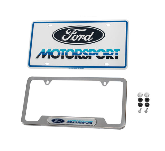 Ford Motorsport 1980s Tri-Color Logo License Plate & Polished Stainless Steel Frame