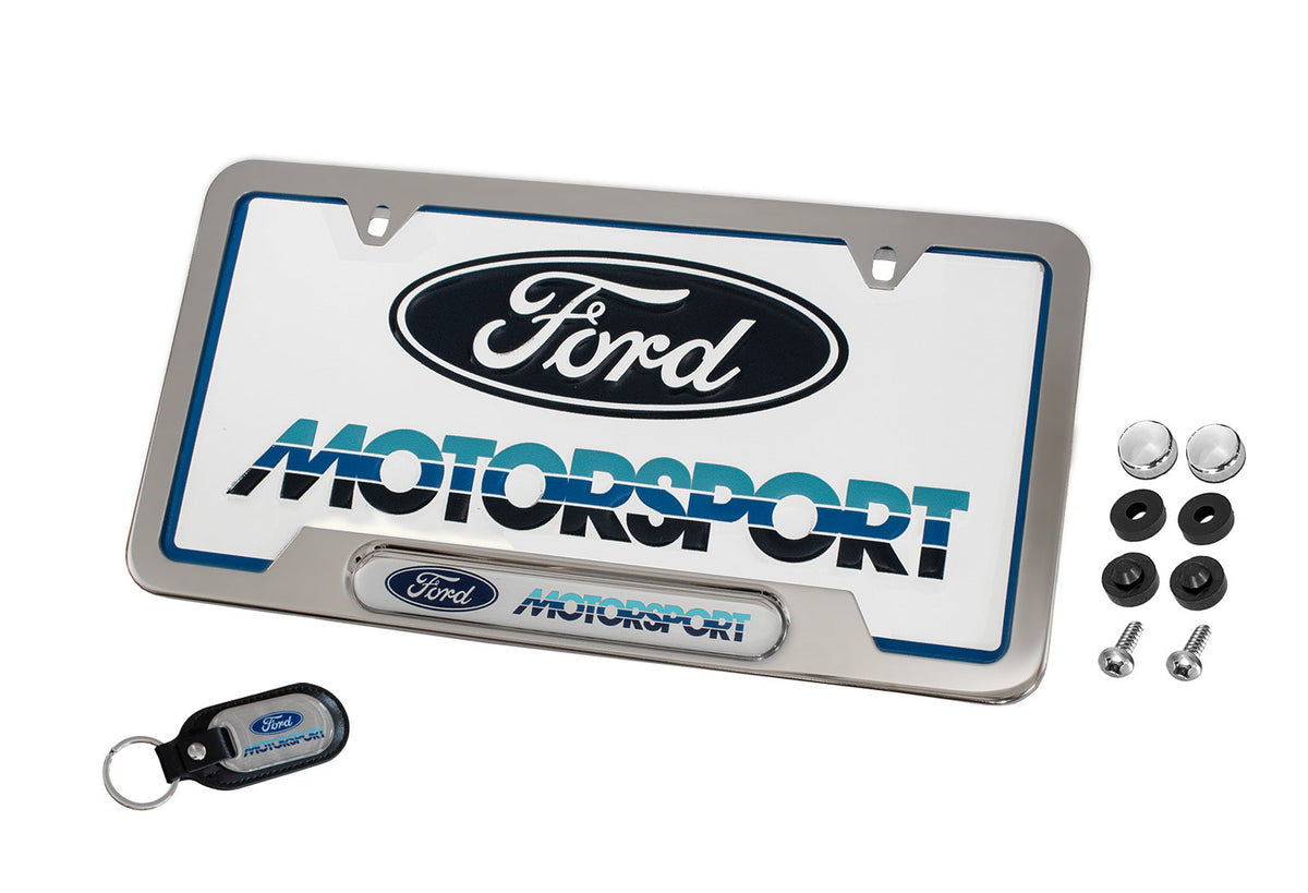 Ford Motorsport 1980s Logo Keychain, License Plate & Polished Frame