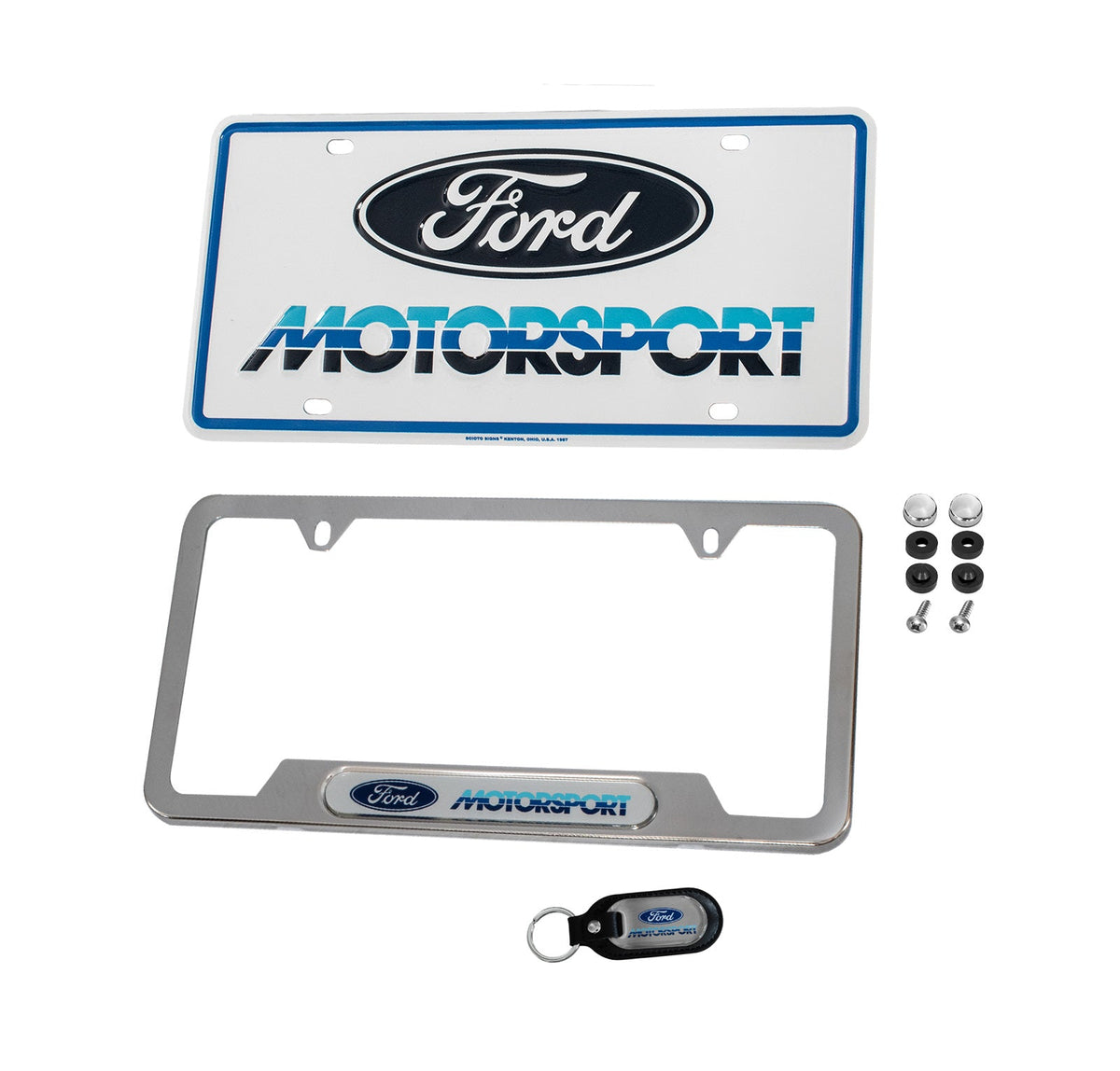 Ford Motorsport 1980s Logo Keychain, License Plate & Polished Frame