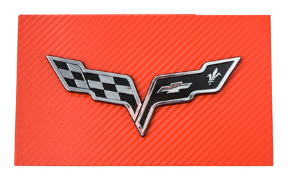 2005-2013 Corvette C6 Red Carbon Fiber Fuse Box Cover Black Cross Flag Emblem