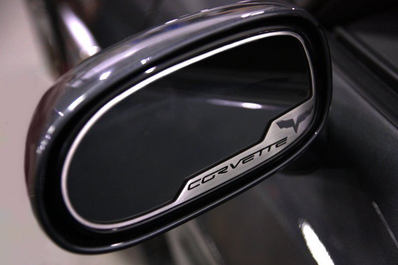 C6 Corvette Stainless Steel Side View Trim Inserts with Flags - Standard Mirrors