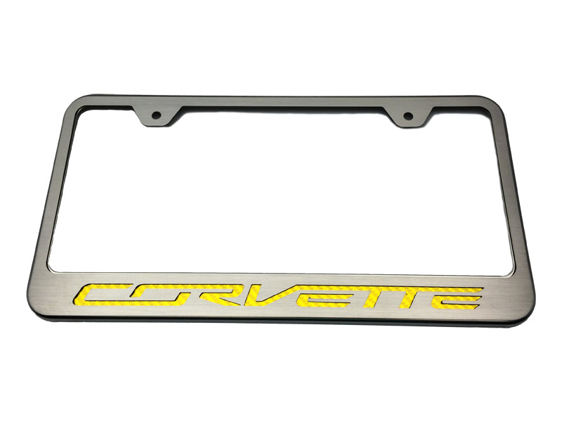 2014-2019 C7 CORVETTE Rear Steel License Plate Frame - Yellow Carbon Fiber Logo