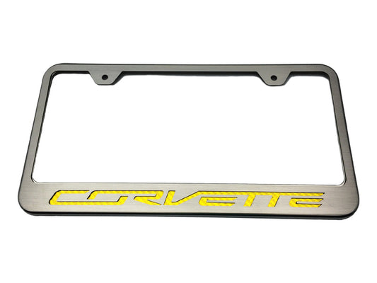 2014-2019 C7 CORVETTE Rear Steel License Plate Frame - Yellow Carbon Fiber Logo