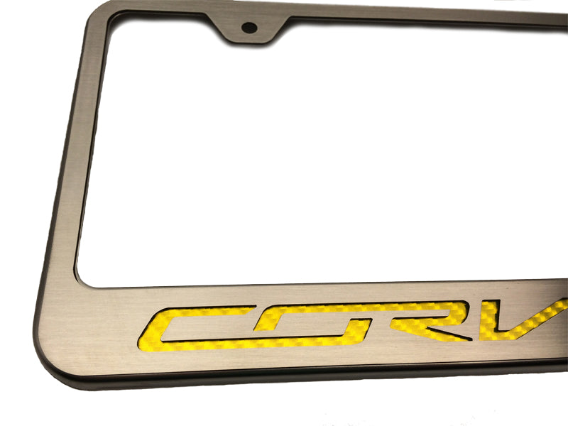 2014-2019 C7 CORVETTE Rear Steel License Plate Frame - Yellow Carbon Fiber Logo