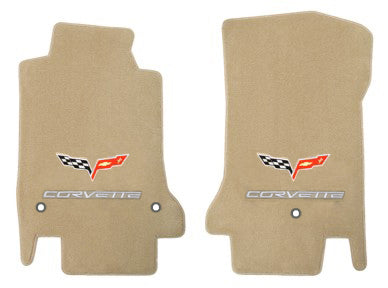 2008-2012 C6 Cashmere Tan 2pc Floor Mats - Crossed Flags & Silver CORVETTE Logos