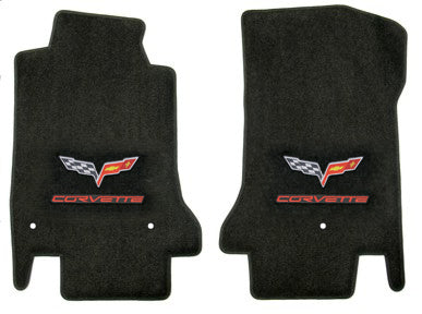 2008-2013.5 C6 Black Ebony Floor Mats Set - Crossed Flags & Red CORVETTE Logos