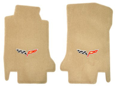 2005-2006 C6 Corvette Cashmere Tan 2pc Front Floor Mats Set - Crossed Flag Logos