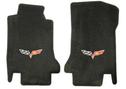 2005-2007.5 C6 Corvette Ebony Black 2pc Floor Mats Set - Crossed Flags Logo