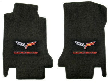 2005-2007.5 C6 Ebony Black Floor Mats Set - Crossed Flags & Red CORVETTE Logos