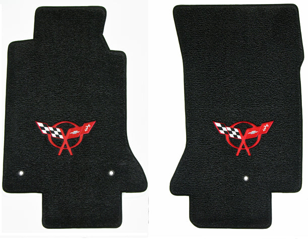 1997-2004 C5 Chevy Corvette Black Front Floor Mats Set - Red Crossed Flags Logo