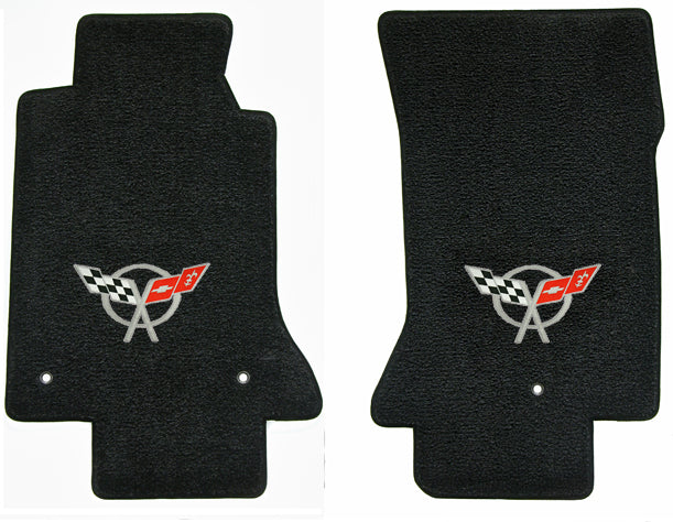 1997-2004 C5 Corvette Black 2pc Front Floor Mats Set - Silver Crossed Flags Logo