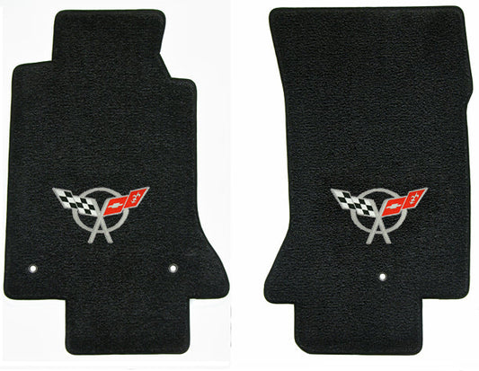 1997-2004 C5 Corvette Black 2pc Front Floor Mats Set - Silver Crossed Flags Logo