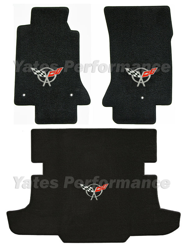 C5 Corvette Coupe & Hatchback Black Floor / Trunk Mats Set - Crossed Flags Logo