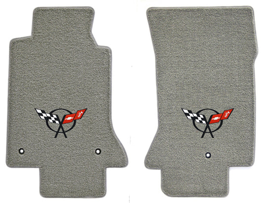 1997-2004 C5 Corvette Gray Grey 2pc Front Floor Mats - Black Crossed Flags Logo