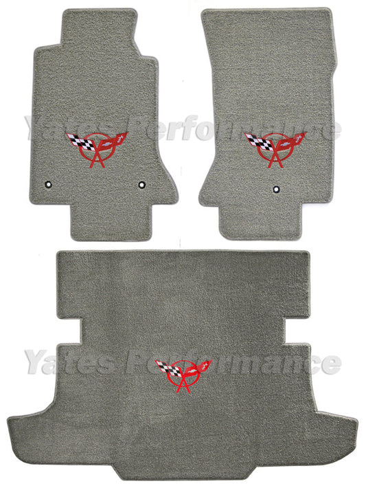 1997-2004 C5 Corvette Gray Grey Front Floor Mats Set - Red Crossed Flags Logo