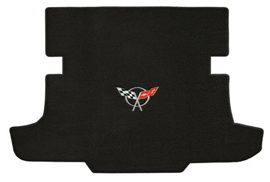 C5 Corvette Coupe Black Velourtex Trunk Cargo Mat - Silver Crossed Flags Logo