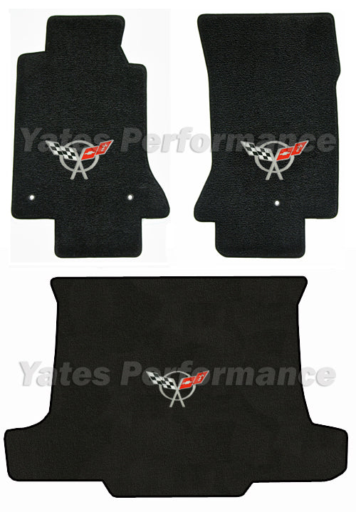 C5 Corvette Convertible Black 3pc Floor & Trunk Mats Set - Silver Crossed Flags