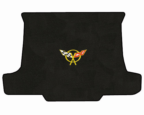 C5 Corvette Convertible Black Cargo Trunk Mat - Yellow Crossed Flags Racing Logo