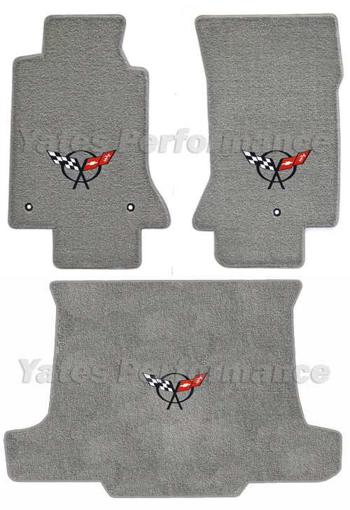 C5 Corvette Convertible Gray Grey Floor & Trunk Mats - Black Crossed Flags Logo