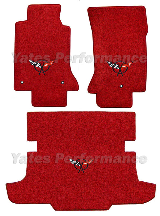 C5 Corvette Coupe & Hatchback Torch Red Floor & Trunk Mats Set Black Flags Logo