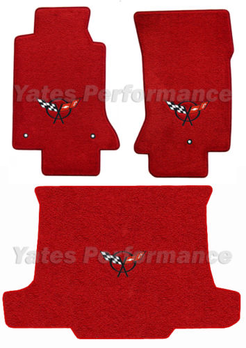 C5 Corvette Convertible Red 3pc Floor & Trunk Mat Set - Black Crossed Flags Logo