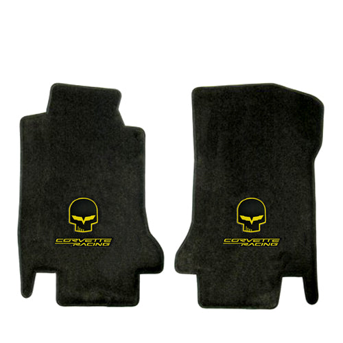 2005-2007.5 C6 Corvette Ebony Black Floor Mats Set - Yellow Skull & Racing Logos