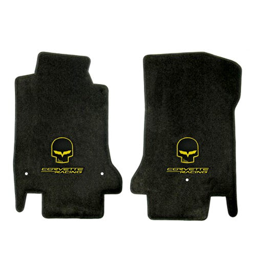 2008-2013 C6 Corvette Ebony Black Floor Mats Set - Yellow Skull & Racing Logos