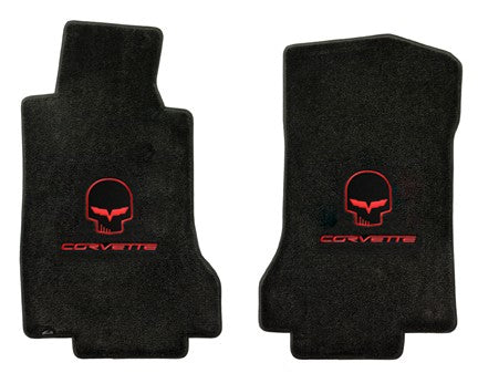 Early 2007 C6 Corvette Ebony Black Floor Mats - Red Jake Skull & CORVETTE Logos