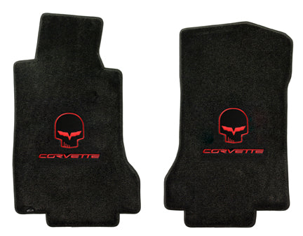 2005-2006 C6 Corvette Ebony Black Floor Mats - Red Jake Skull & CORVETTE Logos