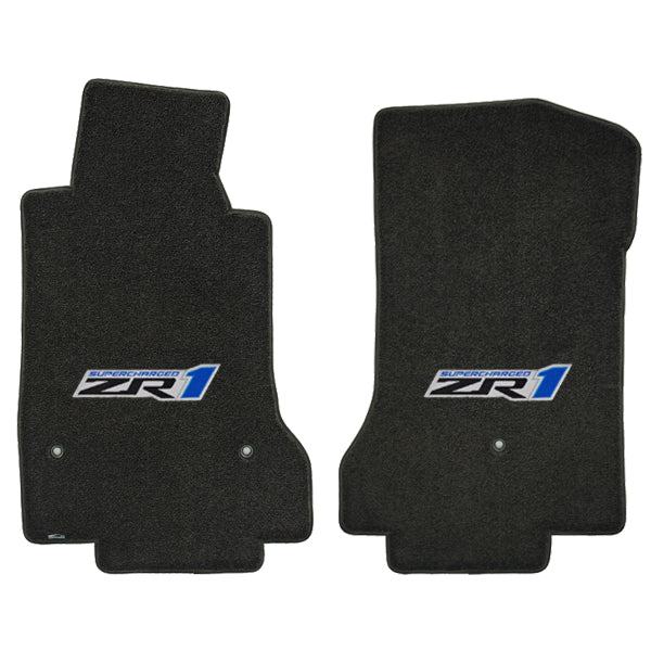 ZR1 C6 Corvette Ebony Black Front 2pc Floor Mats Set - Silver & Blue ZR-1 Logo