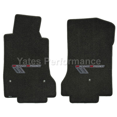 C6 Corvette Ebony Black 2pc Front Floor Mats - Gray & Red Grand Sport Logos