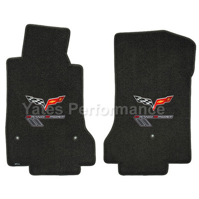 C6 Corvette Ebony Black Front Floor Mats Set - Racing Flags & Grand Sport Logos