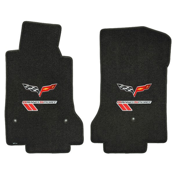 C6 Corvette Ebony Black 2pc Front Floor Mat Set - Silver & Red Grand Sport Logos