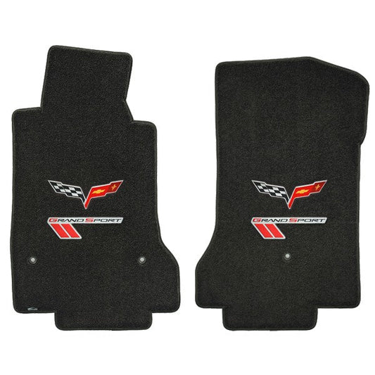 2010-2012 Corvette Ebony Black Floor Mats Set - Cross Flags & Grand Sport Logos