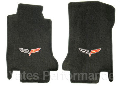 2005-2007.5 C6 Corvette Ebony Black Front Floor Mats Set - Crossed Flags Logo