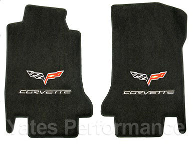 2005-2007.5 C6 Ebony Black Front Floor Mats Set -  Flags & Silver CORVETTE Logos