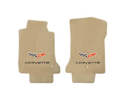 2005-2007.5 C6 Cashmere Tan 2pc Floor Mats Set - Crossed Flags & CORVETTE Logos