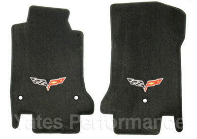 2008-2013 C6 Corvette Ebony Black 2pc Front Floor Mats Set - Crossed Flags Logos