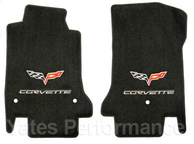 2007.5-2013 C6 Ebony Black Floor Mats - Crossed Flags & Silver CORVETTE Logos