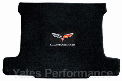 C6 Coupe Ebony Black Rear Trunk Cargo Mat - Crossed Flags & Silver CORVETTE Logo