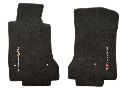 2005-2007.5 C6 Corvette Ebony Black Velourtex 2pc Floor Mats - Logos Face Doors