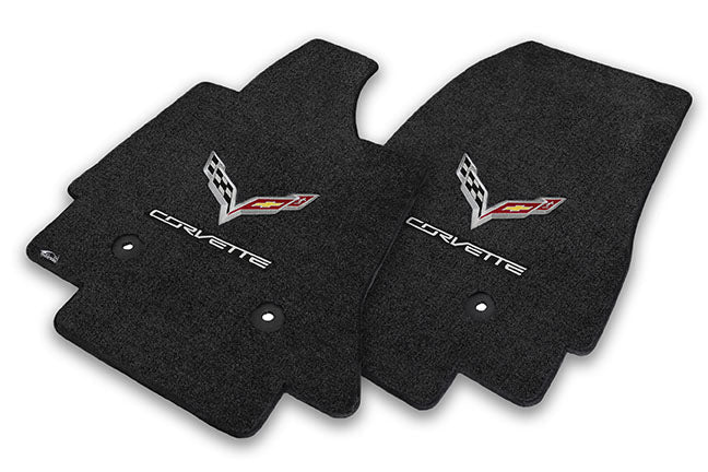 C7 Stingray ZR1 & Z06 Jet Black Floor Mats - Crossed Flags & CORVETTE Logos