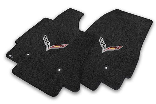 2014-2019 C7 Stingray ZR1 & Z06 Jet Black Front Floor Mats - Crossed Flags Logo